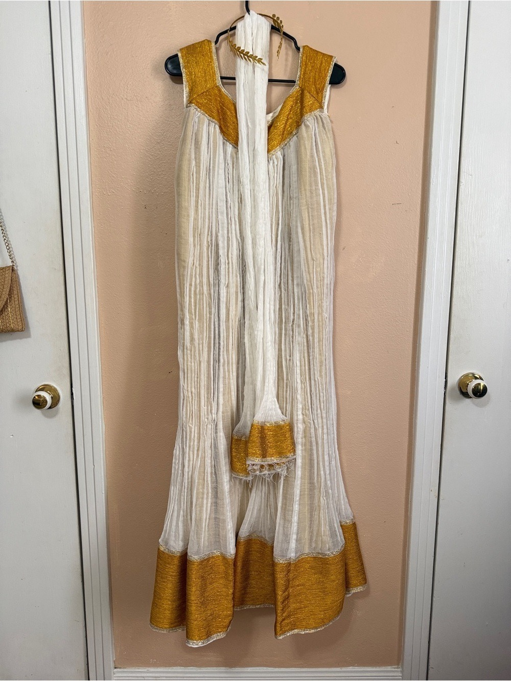 π Greek Goddess White and Gold Maxi Dress with Sash - Picture 5 of 11